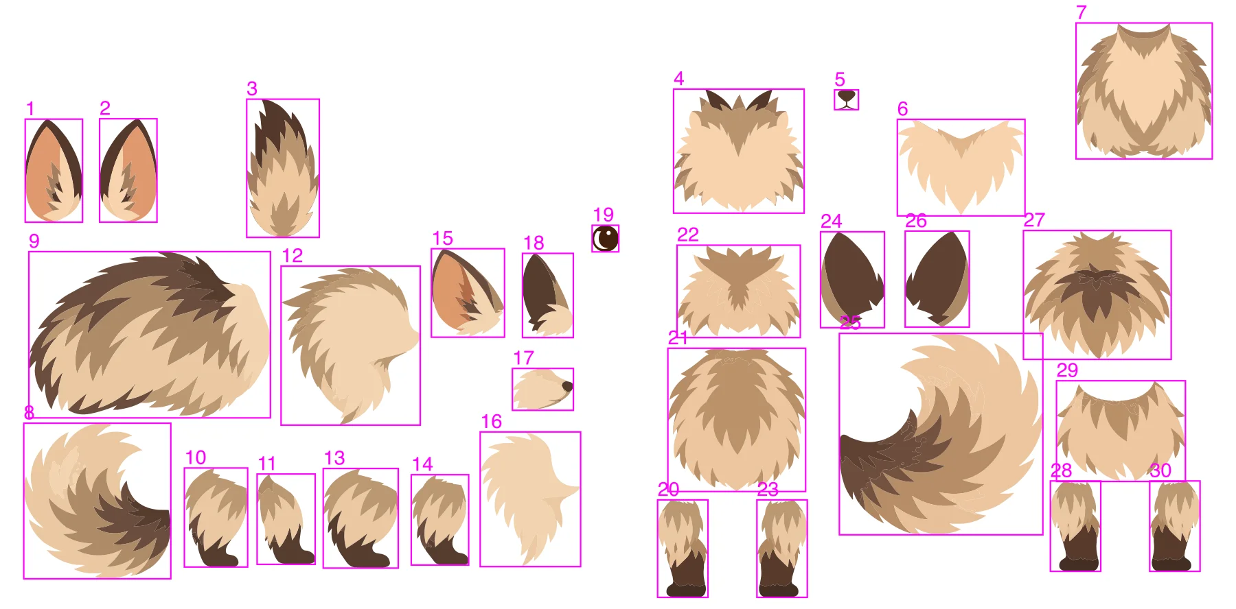 The Pilosa's thirty parts laid out on a sheet
