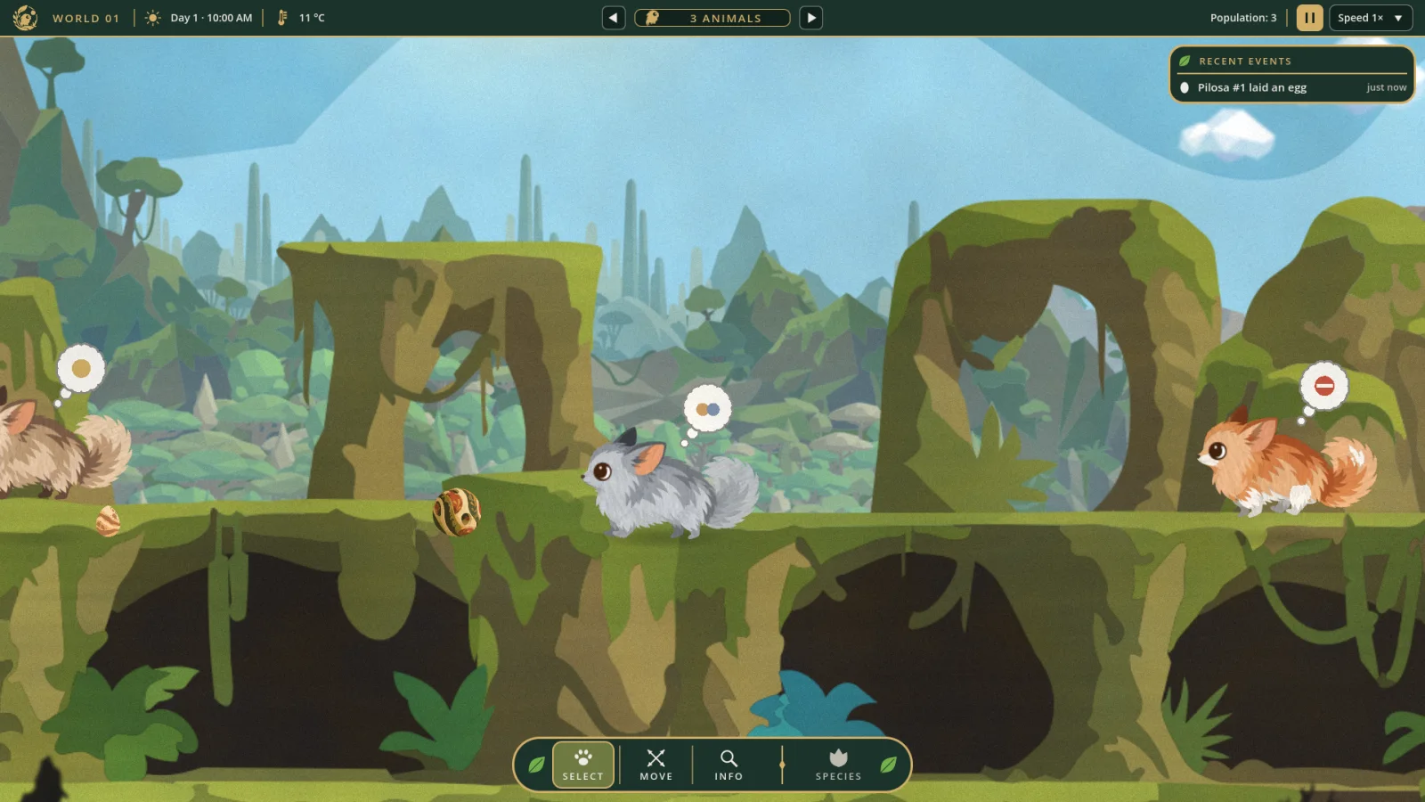 Three Pilosa in World 01, one laying an egg