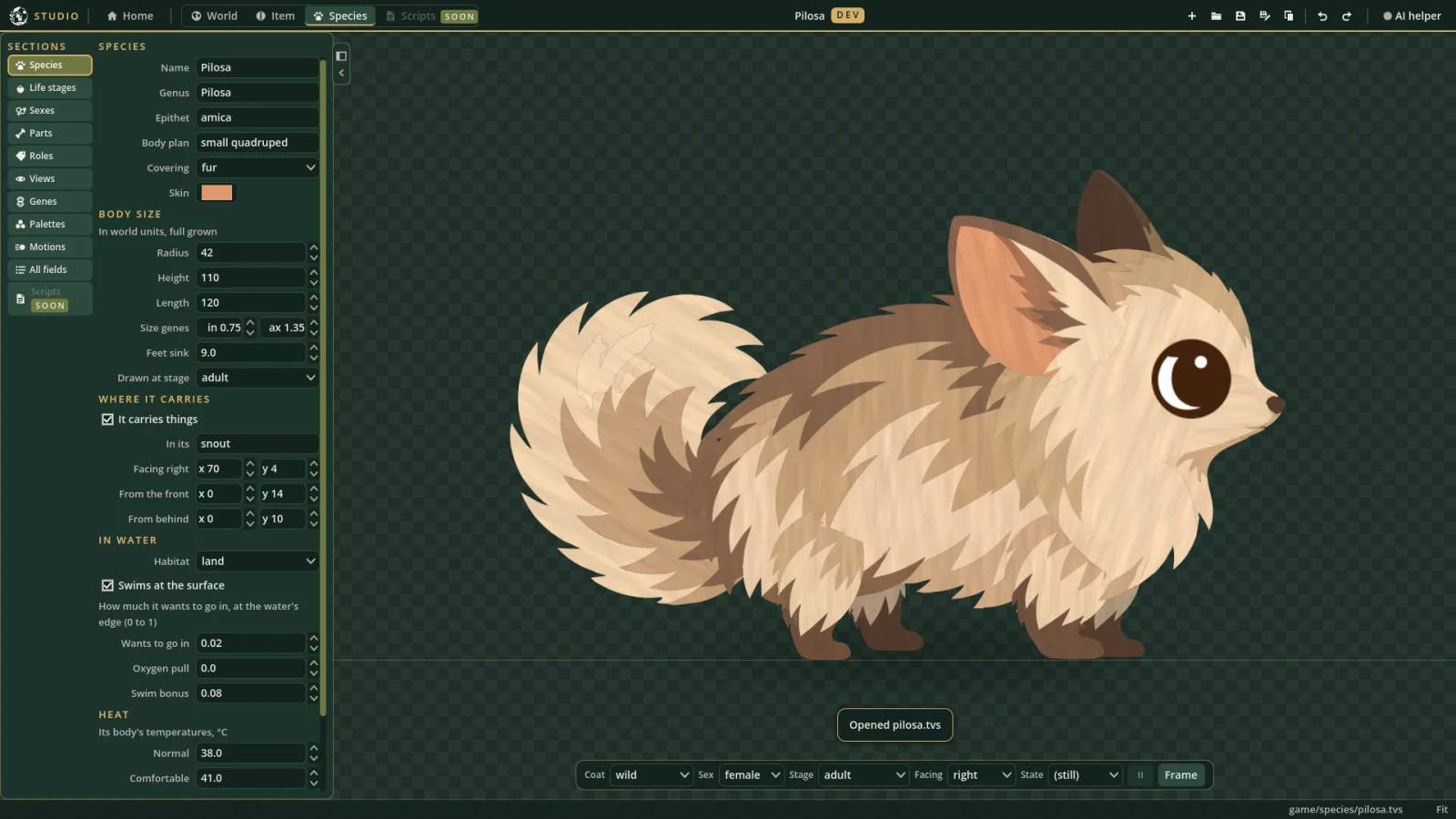 The Pilosa open in the Studio's species editor.