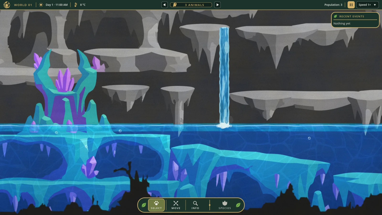 An underground lake with a waterfall and crystals