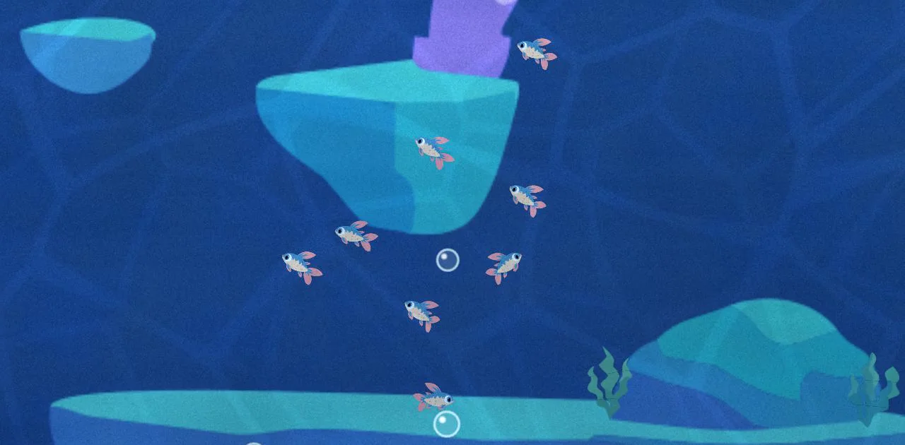 A school of Natatora lumina in the underground lake.