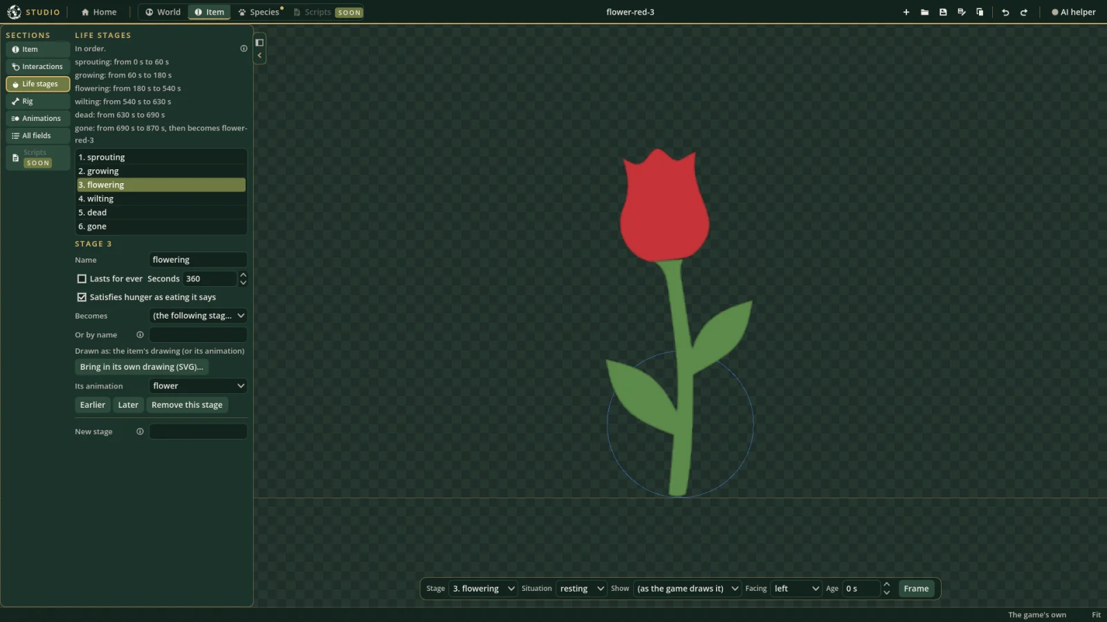 A red flower in the item editor, previewed at its flowering stage.