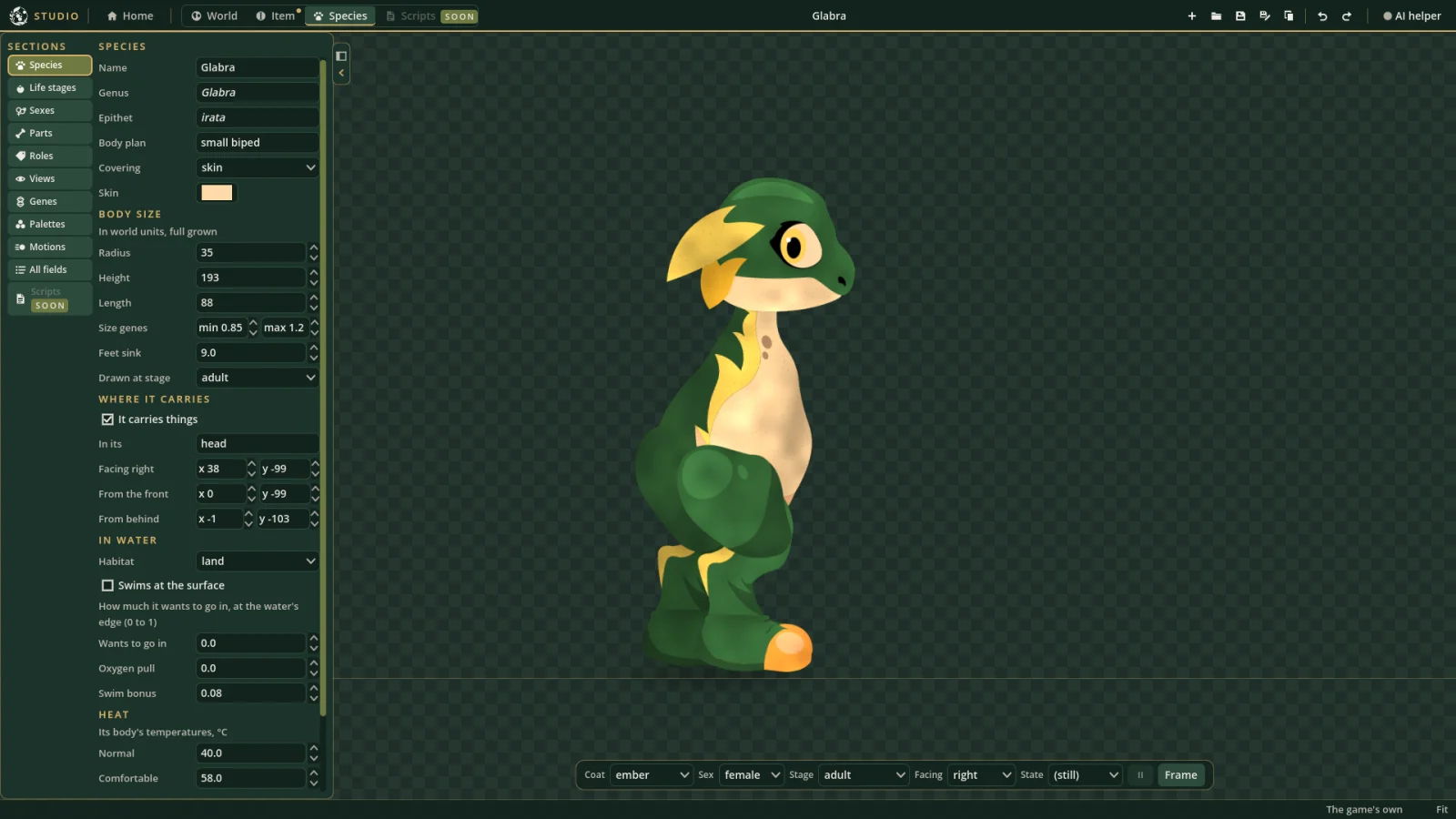 The Glabra in the species editor.