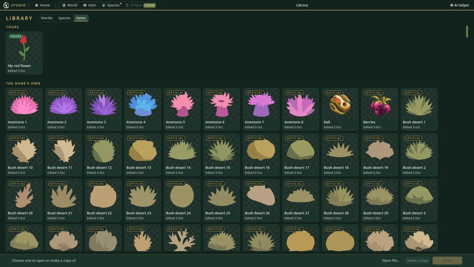 The Library's items: your own first, then the game's own, each with its badge.