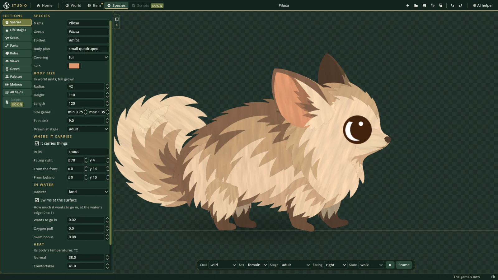 The Pilosa in the species editor, walking in the preview.