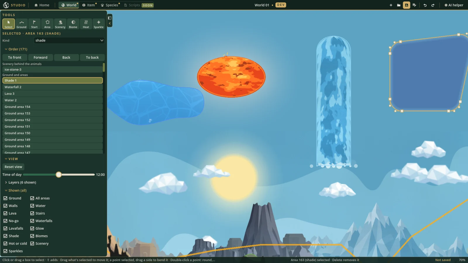 Shapes drawn in the sky over Telluria: freehand water, an oval of lava, a waterfall with its top bent into a curve, and shade with its corners rounded.